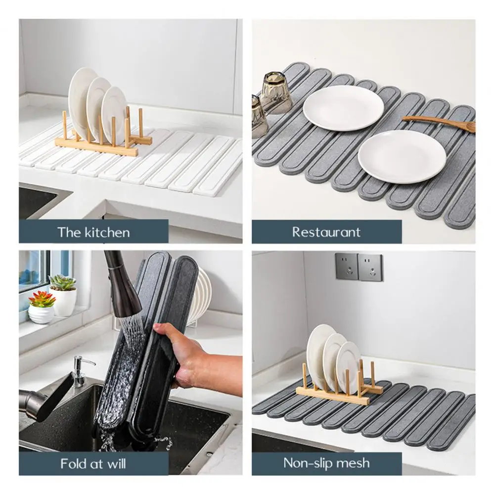 Water-absorption Dish Mat Foldable Diatomite Dish Drying Mat 24x16 Inch Quick Dry Absorbent Kitchen Counter Protector Non-slip