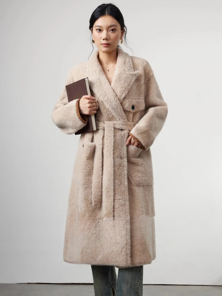 High-end Luxury Natural Lacon Lamb Fur Long Winter Jackets for Women Simple Fluffy Warm Genuine Leather Real Fur Coat with Belt