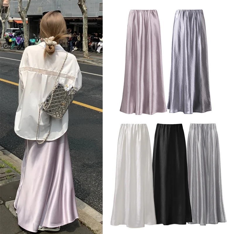 

Elegant Acetate Satin Midi Skirt, Silky Draping Shiny Finish Skirt,High Waist Slim Fit A-Line Fishtail Skirt，Date Banquet Work