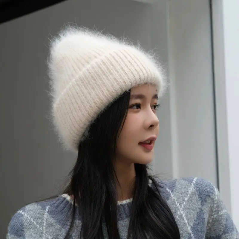 Gorro con puño plegable de piel de conejo Angora, gorro con orejeras térmicas para el frío extremo, gorro de punto de invierno para mujer