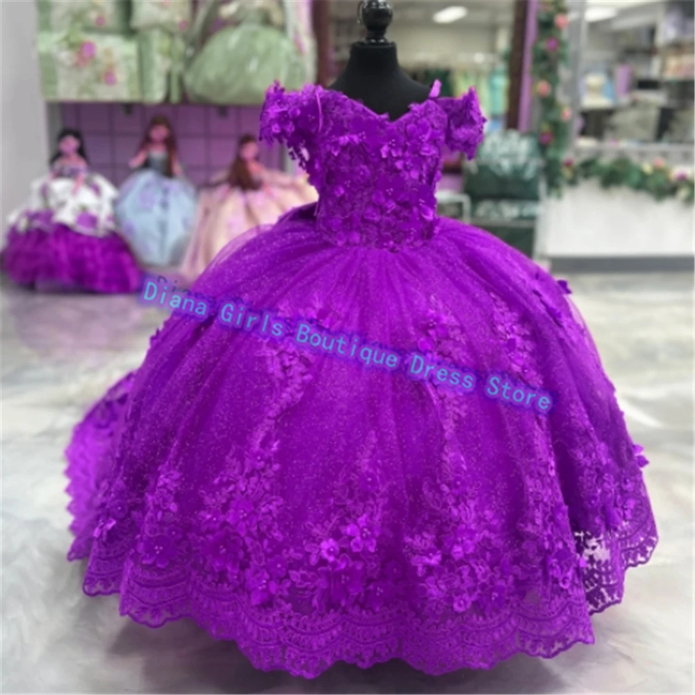 Elegant 3D Flowers Appliqué Flower Girls Dress for Wedding Tulle Fluffy Party Kids Girls Birthday Evening Gowns Customized
