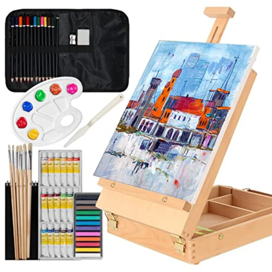 

Art Kit 45 Piece Wooden Paint Set Crafts Drawing Painting Kit with Box Easel and 18 Acrylic Oil Paint Colors 12 Color Pencil Et