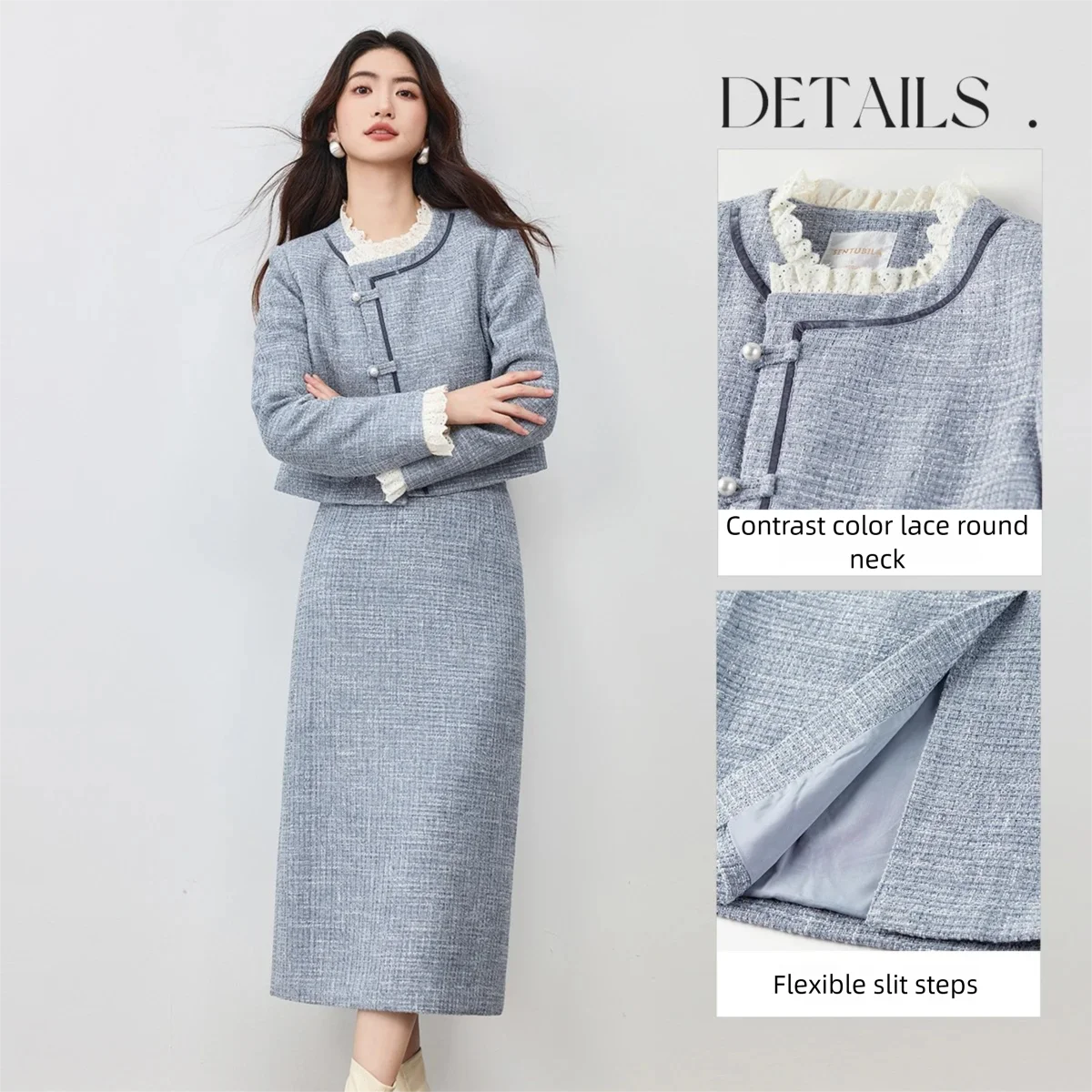 SENTUBILA 여성 스커트 세트 2025 가을 우아한 작은 향기 트위드 숏 코트 & 스플릿 스트레이트 스커트 매칭 아웃핏 154ZJ3833