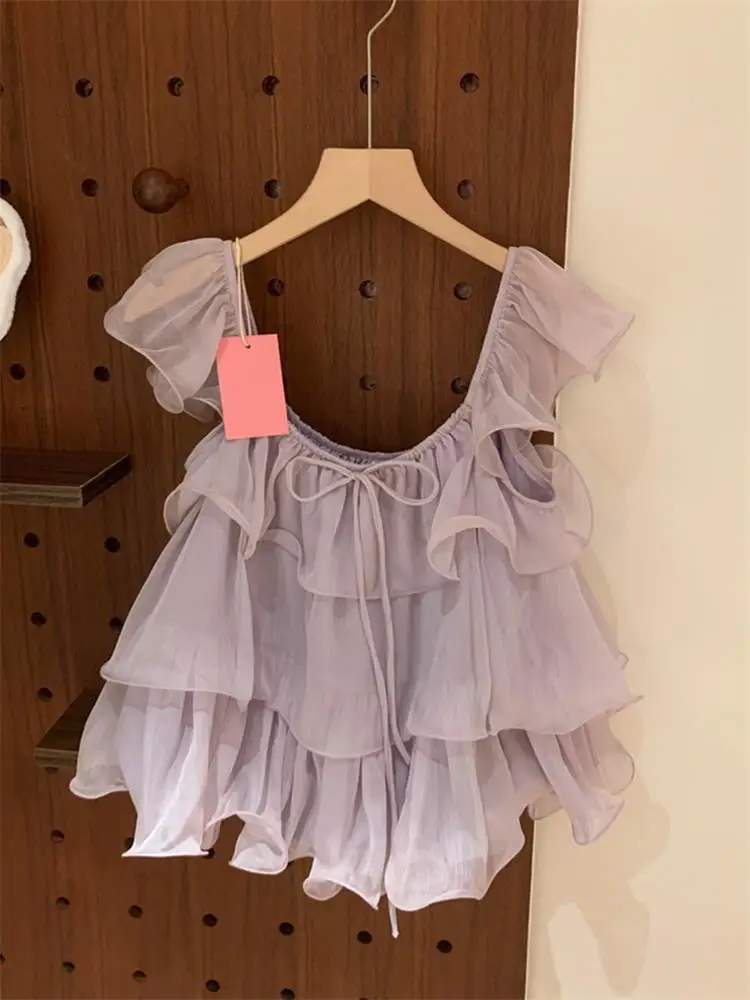 Korean Style Ins Wind Women's Summer New Beautiful Top Self Atmosphere Sense Lace Trim Fly Sleeve Chiffon Small Shirt