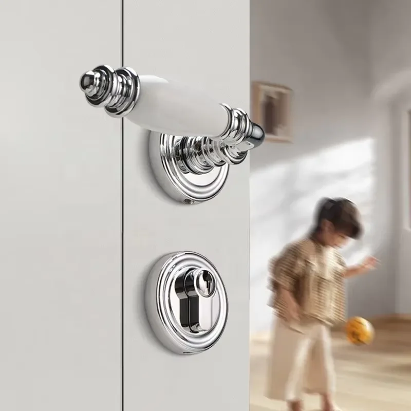 Hot Sale Brass Ceramic Mute Magnetic Interior Door Handle Set for Wooden Doors 2