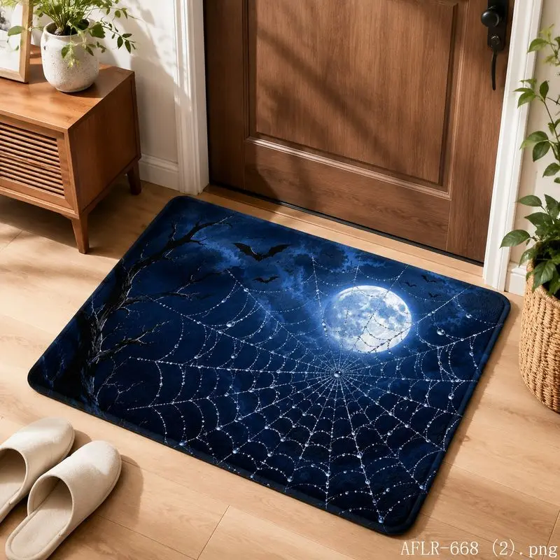 VIKAMA Halloween Pumpkin Moon Spider Web Door Mat Gothic Area Rug Non-Slip Spooky Night Front Door Decor