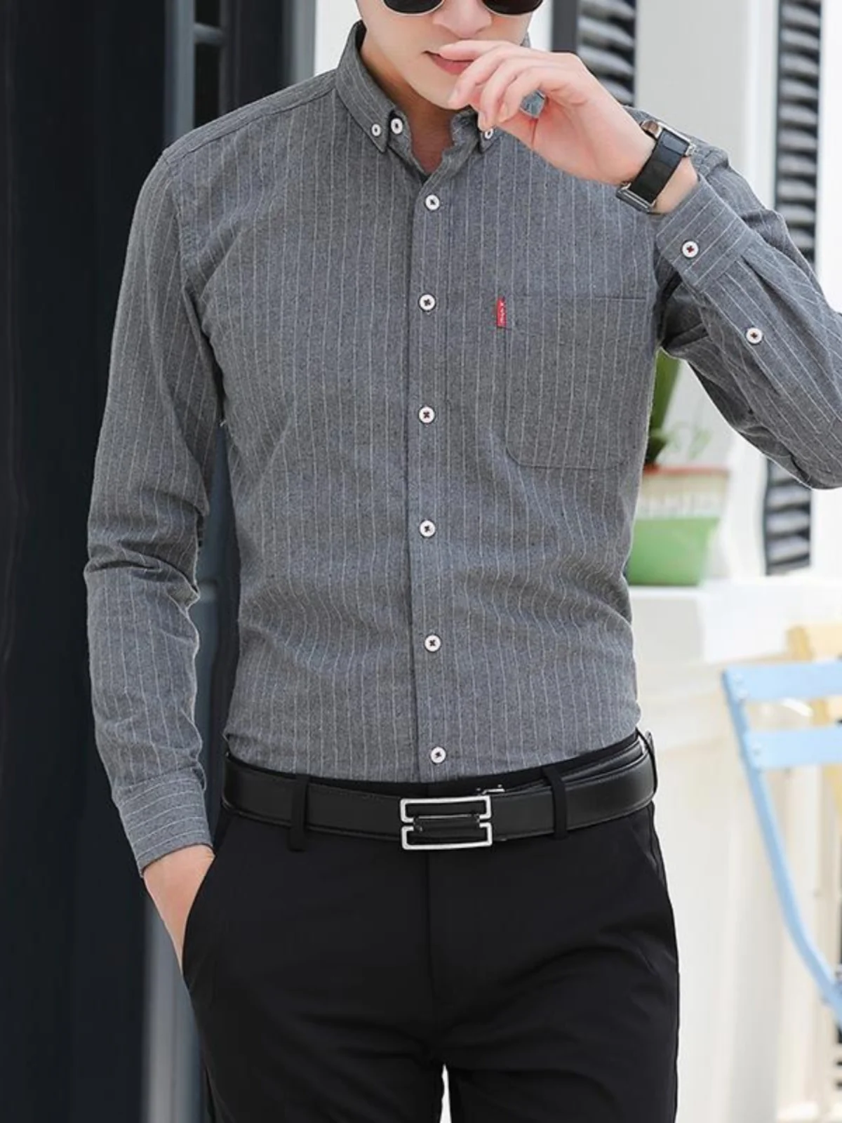 

New 2024 Men's Long Sleeve Shirt Pure Color Oxford Cloth Casual Handsome Korean Style Fashionable White Blue Shirt Slim Fit