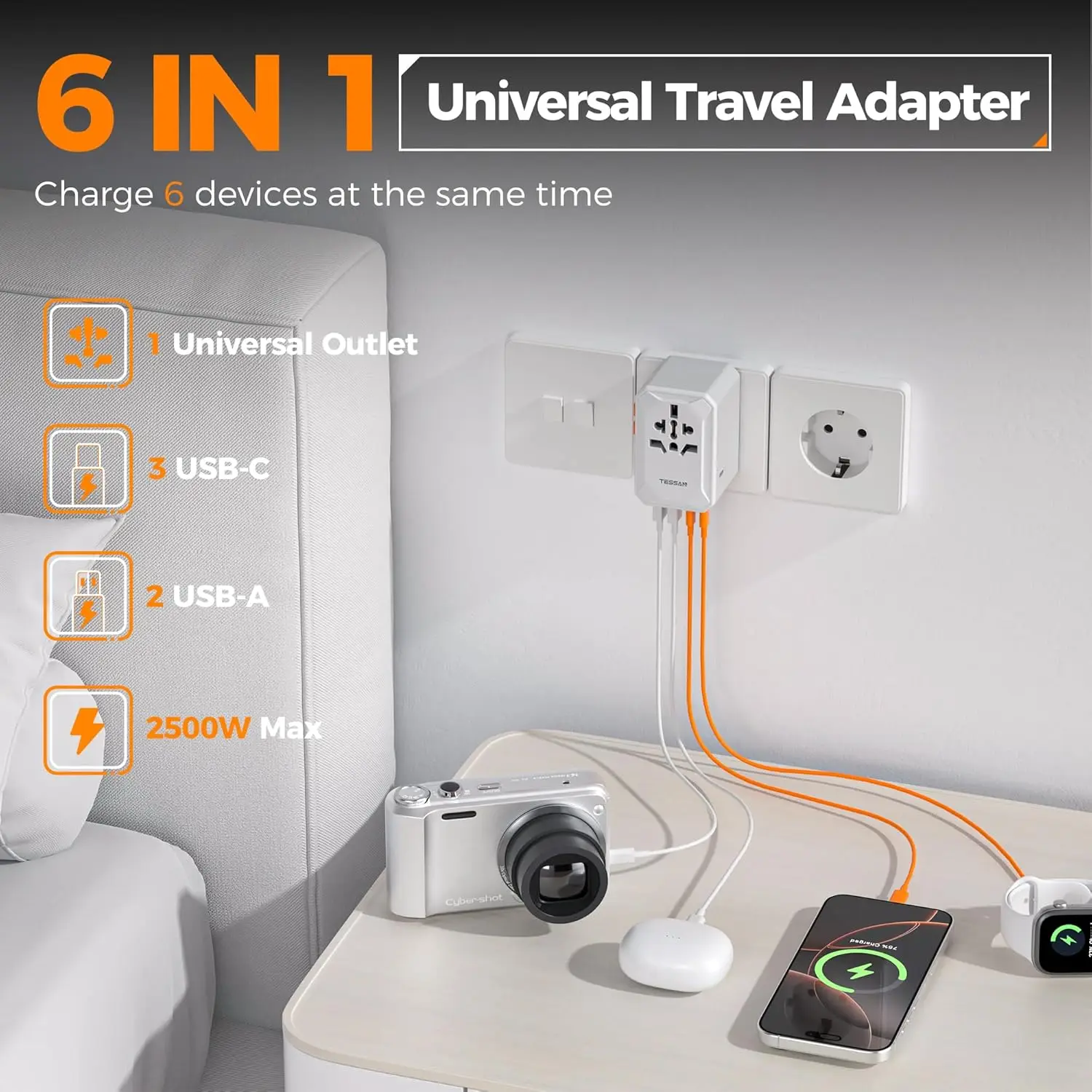 Адаптер для путешествий по всему миру TESSAN с универсальной розеткой переменного тока 3 USB C 2 USB A GaN Международный адаптер для вилки Великобритании/ЕС/США/Австралии