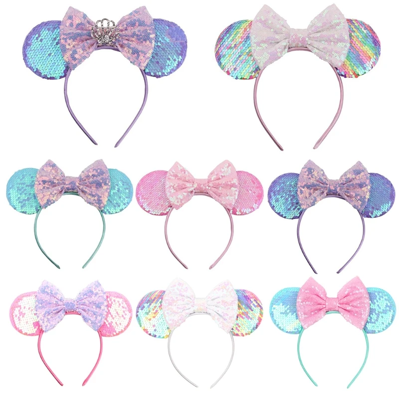 Sequin Mouse Ears Headband Bows for Head Wrap Glitter Hair Hoop Party Props for