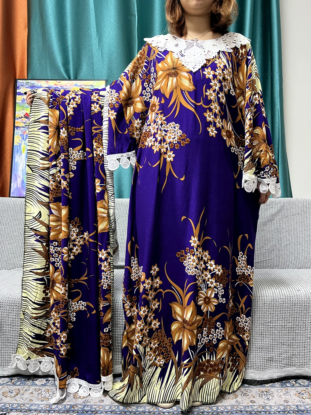 Muslimische Abayas für Frauen 2024 florale Baumwoll spitzen applikationen lose Femme Robe afrikanische traditionelle Kleider mit großem Schal Schal