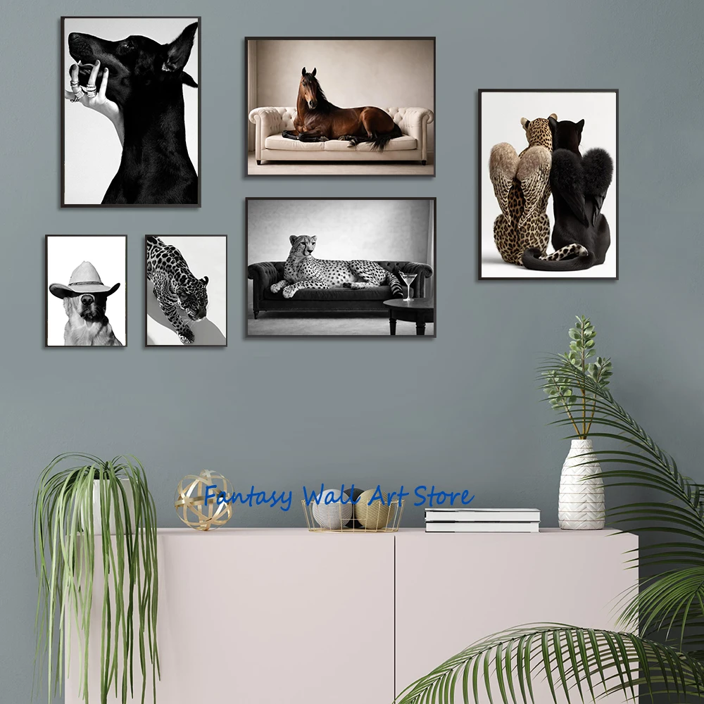 Hypebeast Animal Cheetah Horse Dog Black and White Luxury Fashion Wall Art Poster Canvas Painting Wall Picture Living Room Decor