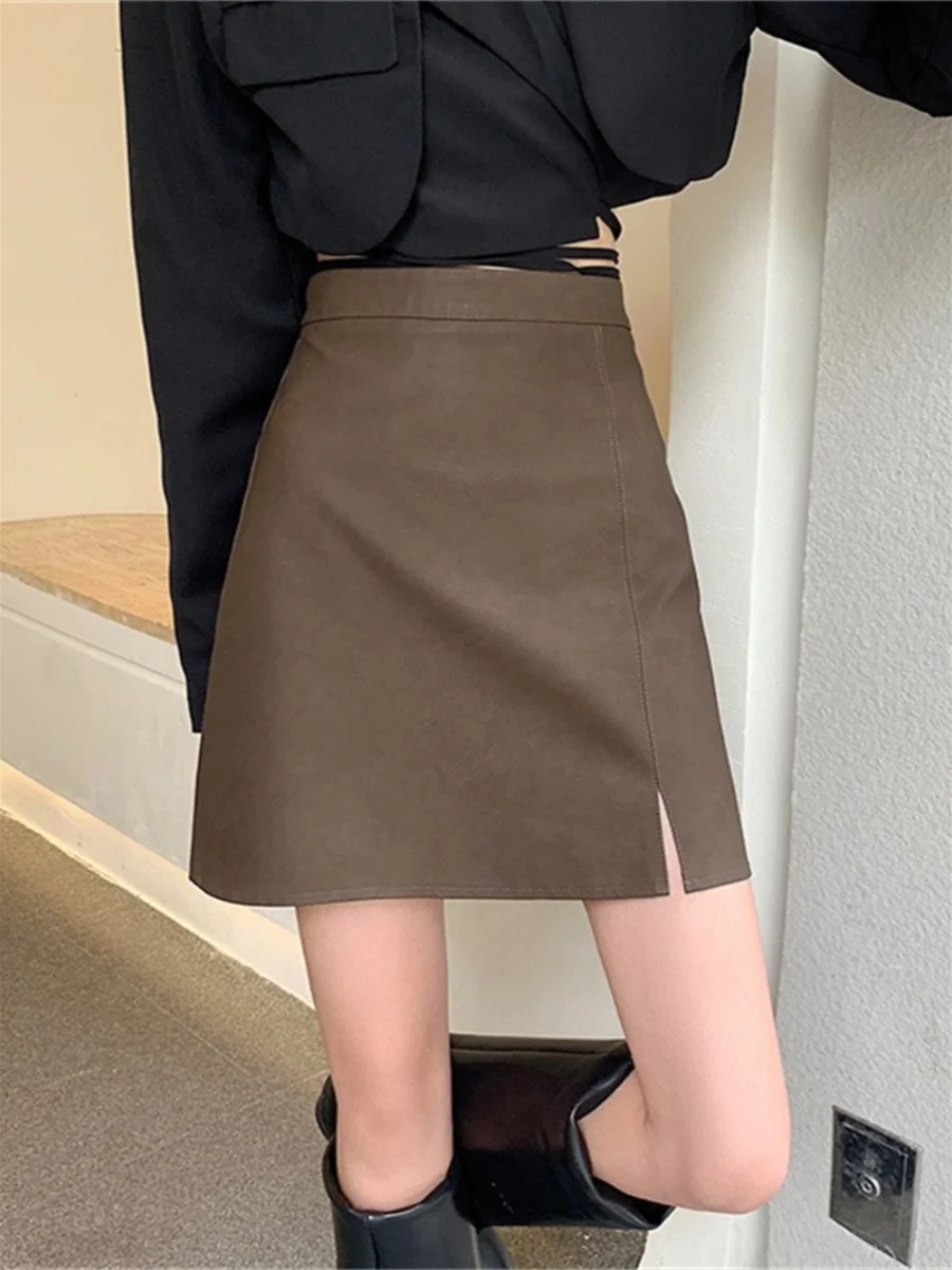 

plus Size High Waist A-Line Skirt Women's Autumn New Small Size PU ort Skirt Bodycon Skirt Commute Korean Sle Pure C...
