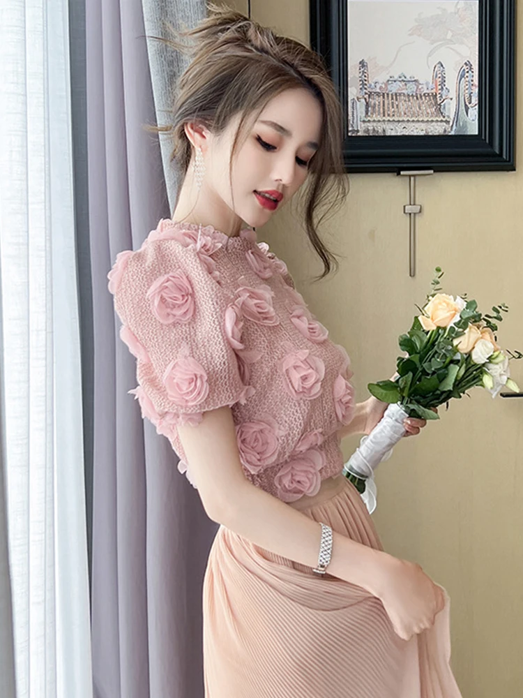 Fashion Summer Chic Fairy Floral Short Sweater Women Mujer Knitted Short Sleeve Cropped Tops Bottoming Stretchy Pullover Jumper