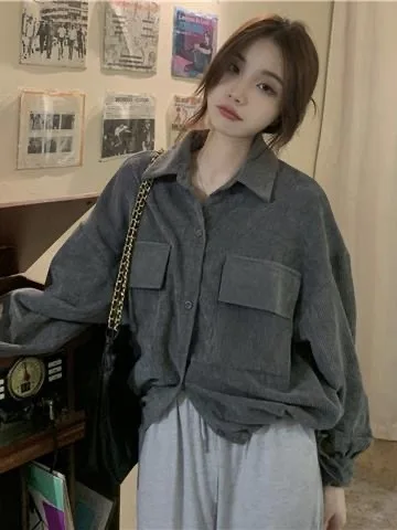Retro Corduroy Shirt Jacket Spring 2026 New Korean Style Design Collar Open Cardigan Women Trendy Short Outerwear Ladies