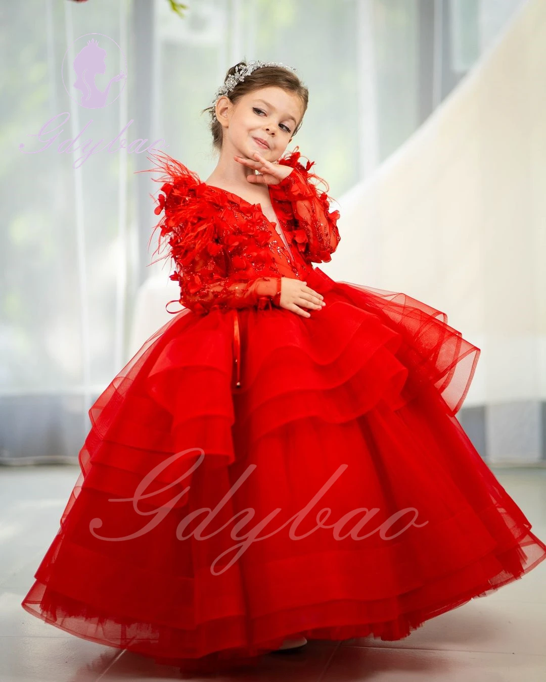 

V-Neck Flower Girl Dress For Wedding With Bow Feather Sequins Long Length Puffy Kids Birthday Party First Communion Ball Gowns