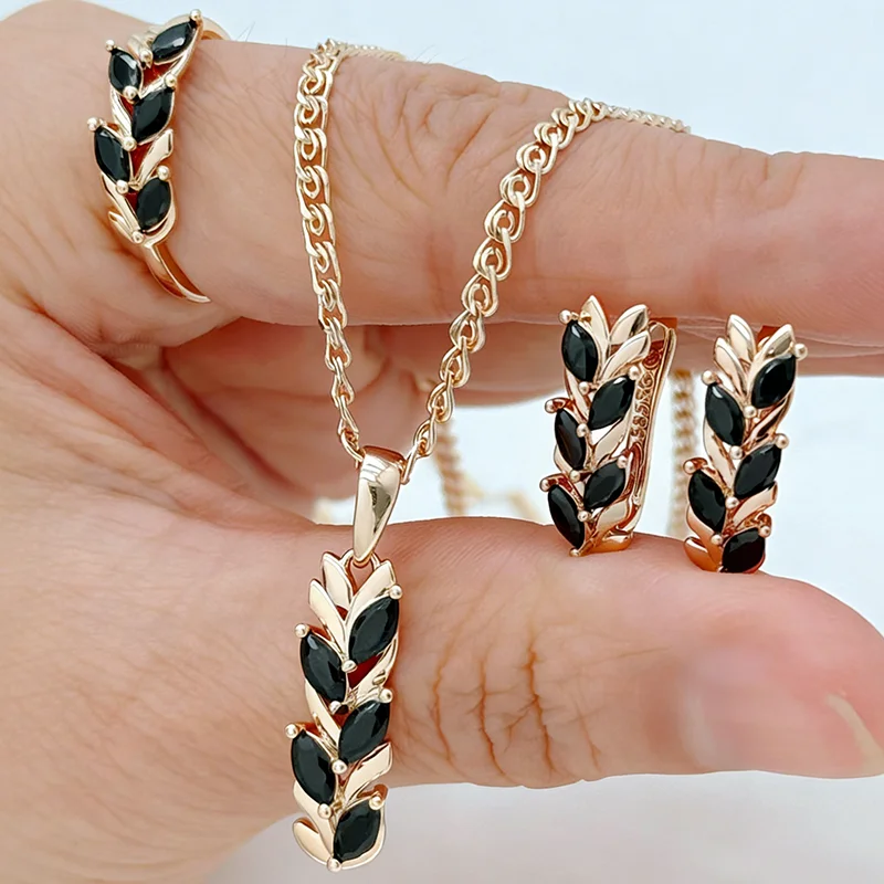 

Kinel Hot 585 Rose Gold Color Ethnic Vintage Jewelry Sets for Women Shiny Black Natural Zircon Ring Earrings Necklace Daily Gift