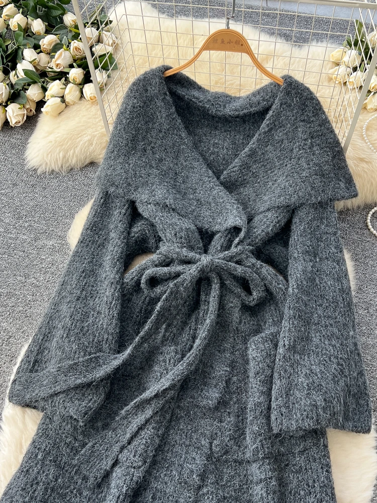 SuperAen Loose Casual Cardigan Coats for Women 2025 Winter New Lace-up Waist Large Turn-down Collar Knitted Dresses