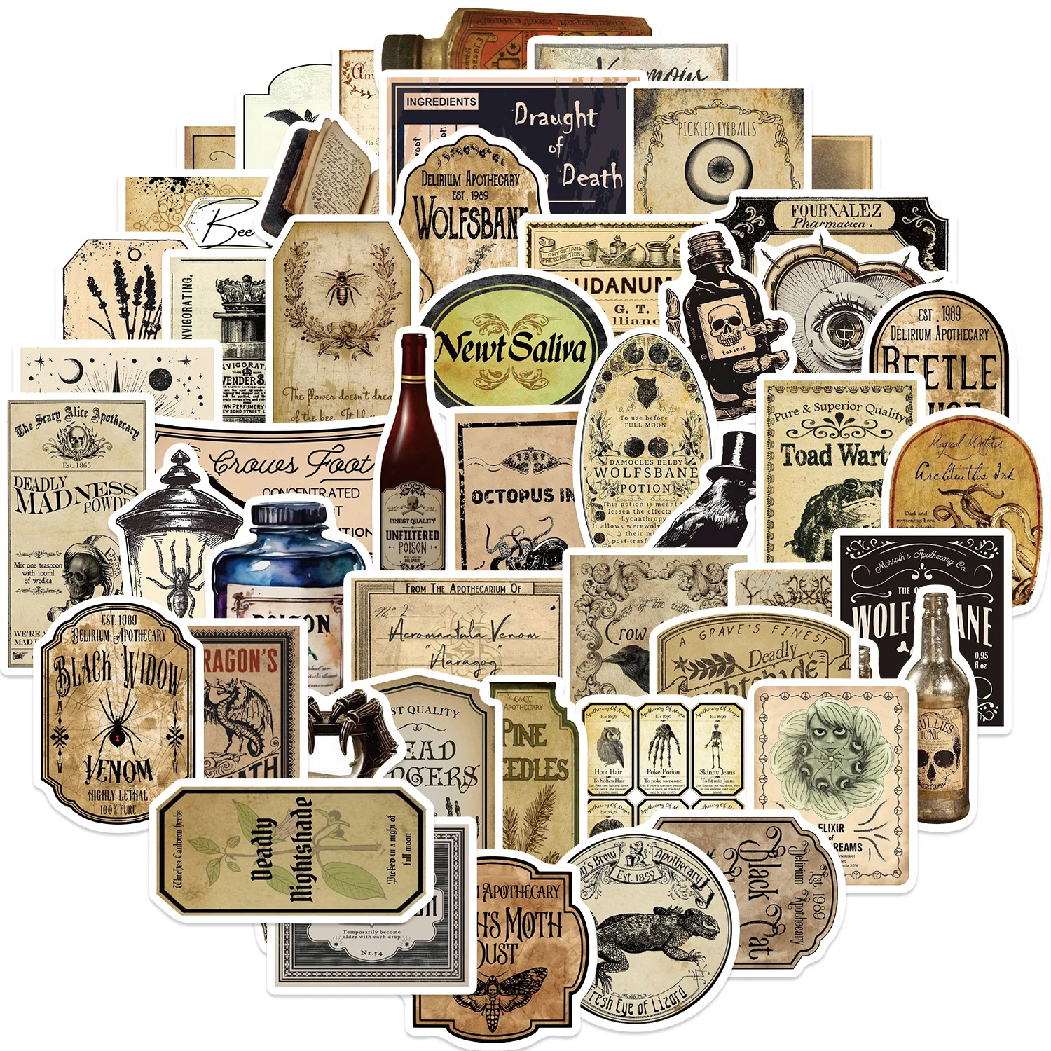 Etiquetas adhesivas para botellas de poción Vintage de Halloween, calcomanías góticas de terror Retro, maleta, álbum de recortes, pegatina para portátil, juguete, 10/30/50 Uds.