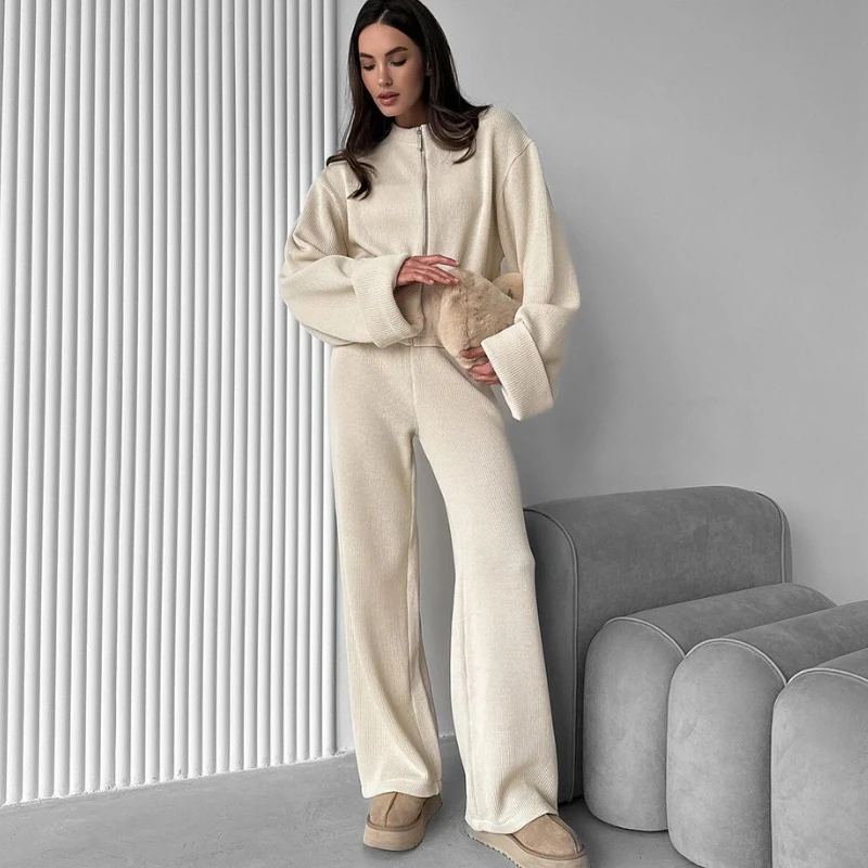 

TARUXY Knitted Zipper Coat Pants 2-Piece Set Women's Long-Sleeved Wide-Leg Pants Loose Casual Set 2025 Fall Winter New Commuting