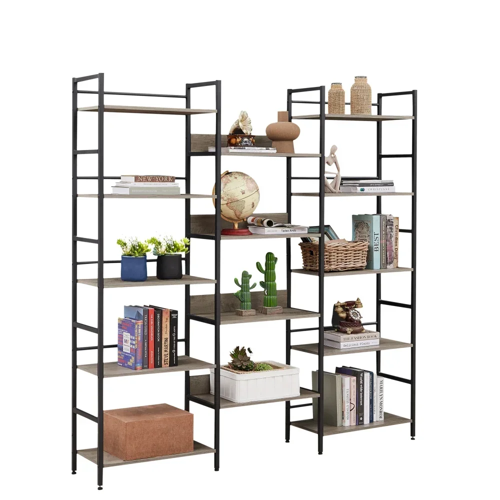 Triple Wide 5-shelf Industrial Retro Wooden Bookshelves for Home/Office, Large Open Design, Grey.