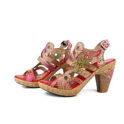 Socofy Raffan Vintage High Heel Leather Women's Sandals