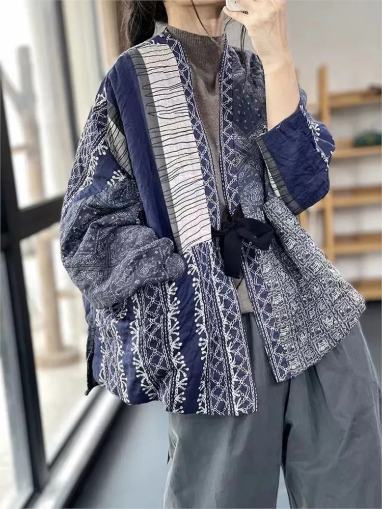 Oversized Autumn Winter Padded Cotton Coat Women Ethnic Style Print Fashion Loose Ladies Jackets Long Sleeve Woman Coats 2023