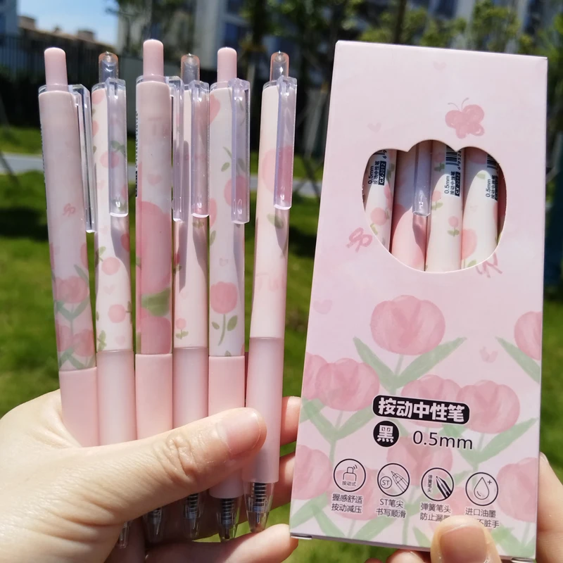 6 pezzi penna Gel Kawaii bellissimo fiore di tulipano penne carine inchiostro nero cancelleria estetica materiale scolastico penne eleganti