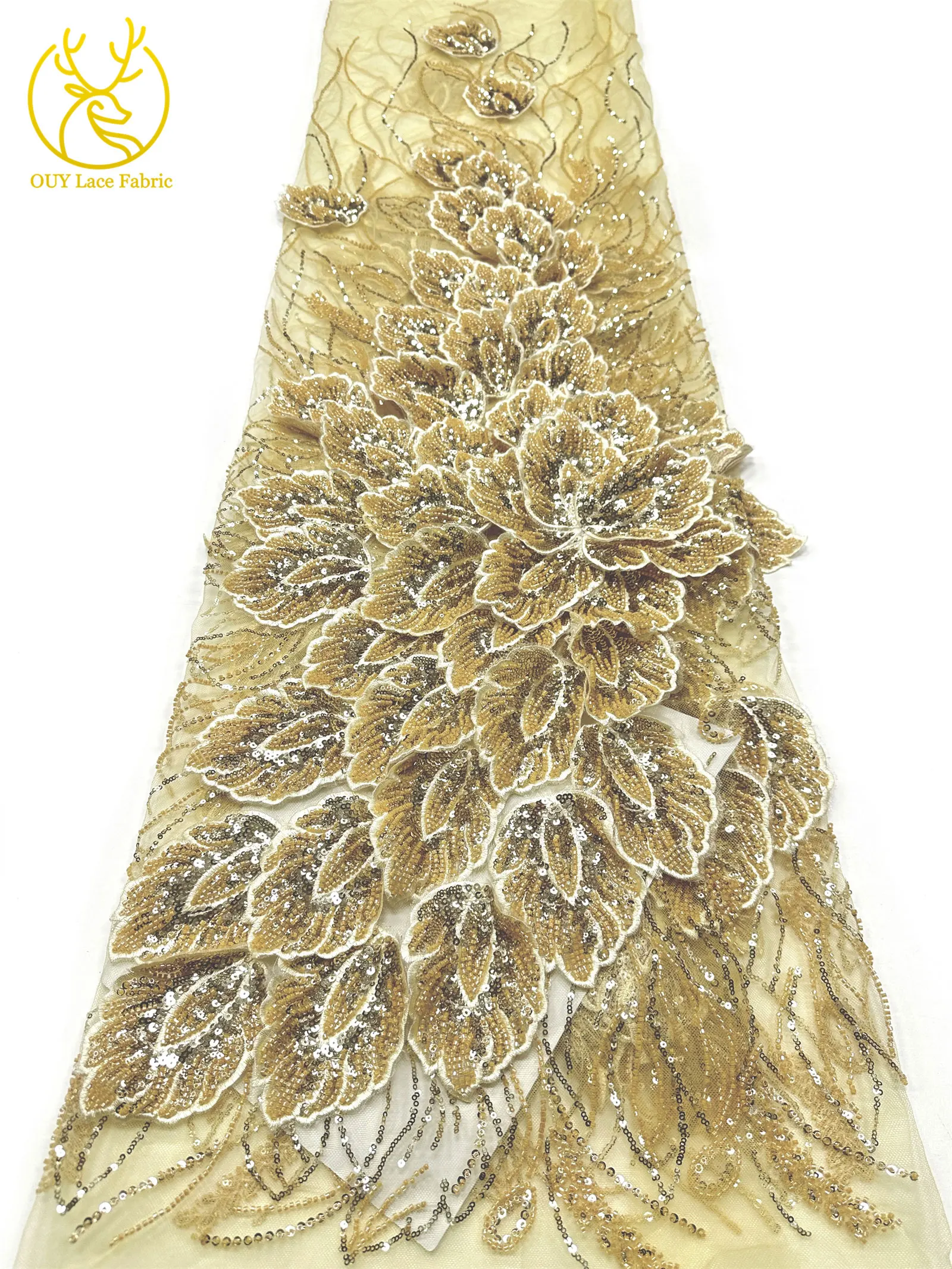Nigerianischer 3D-Stickerei-Blatt-Spitzenstoff 5 Yards Afrikanische DIY-Stickerei Perlen-Pailletten-Spitze Tüll-Netzspitze Damen-Abendkleid – Detail 15