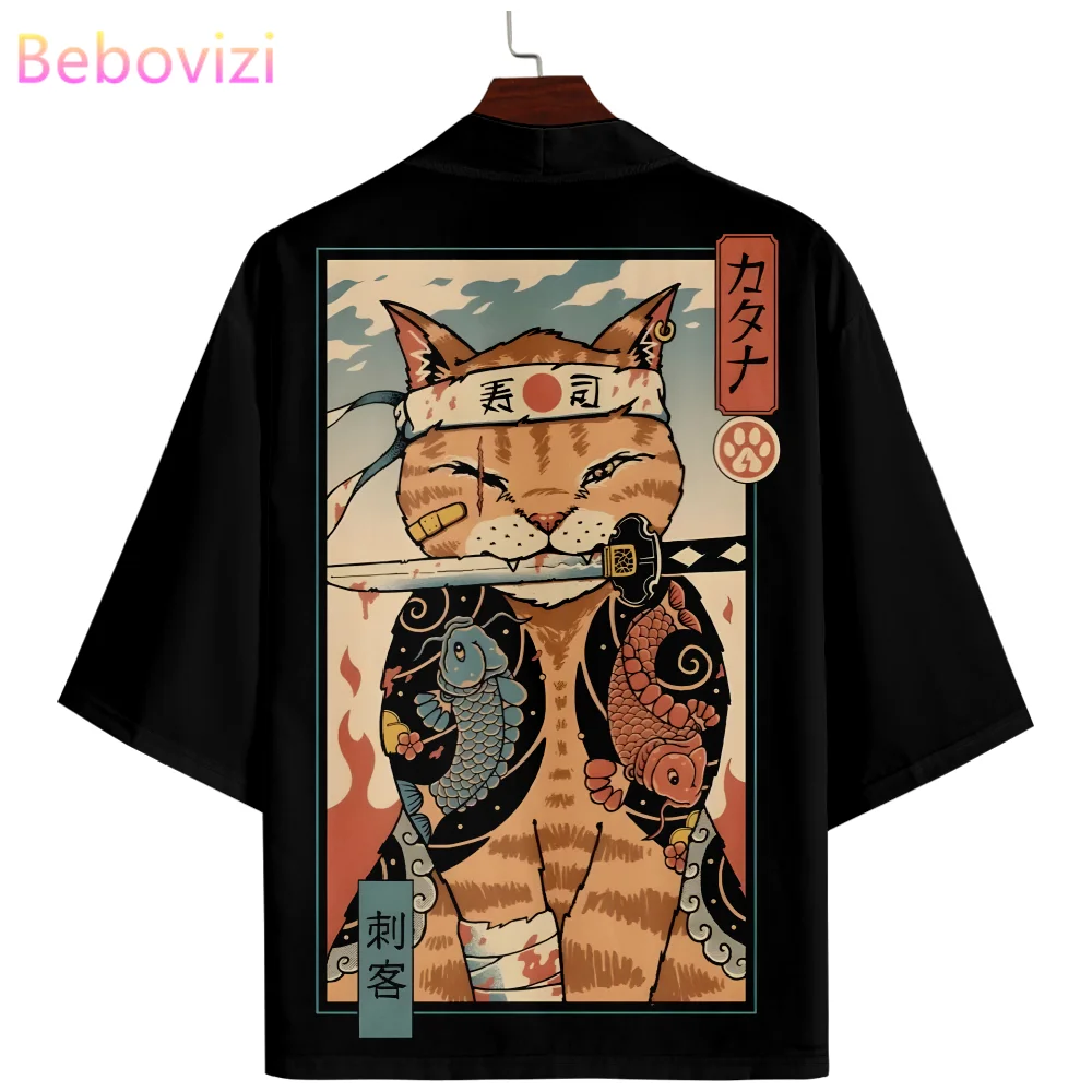 

New Design Fashion Japanese Ukiyo-e Cat Print Traditional Kimono 2024 Men Women Cardigan Haori Streetwear Samurai Tops Cosplay