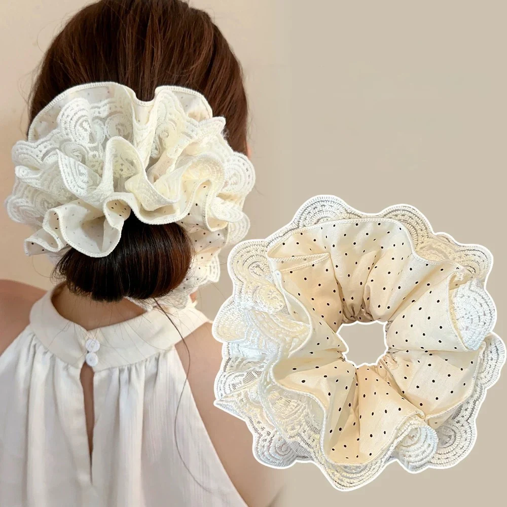 French Style Polka Dot Ruffle Lace Oversized Hair Scrunchies Women 4 layers Large Hair Ties Ponytail Holder Korean Headdress - view 6