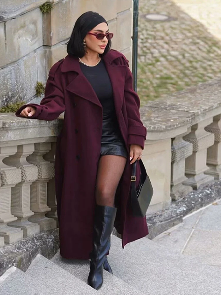 Street Women's Burgundy Woolen Overcoat With Belt Vintage Lapel Double Breasted Long Coat 2024 Autumn Winter Lady Casual Outwear