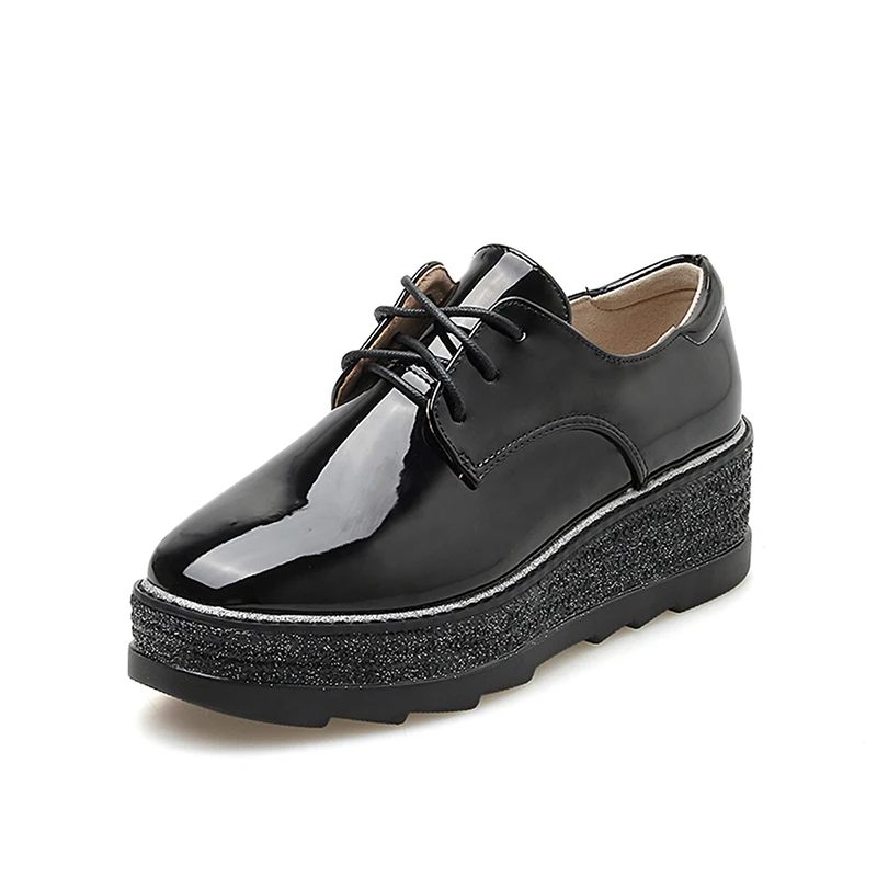 

6cm Wedge Heel Women Platform Shoes Black Patent Leather Lace Up Autumn Creeper Shoes Comfort Block Heels