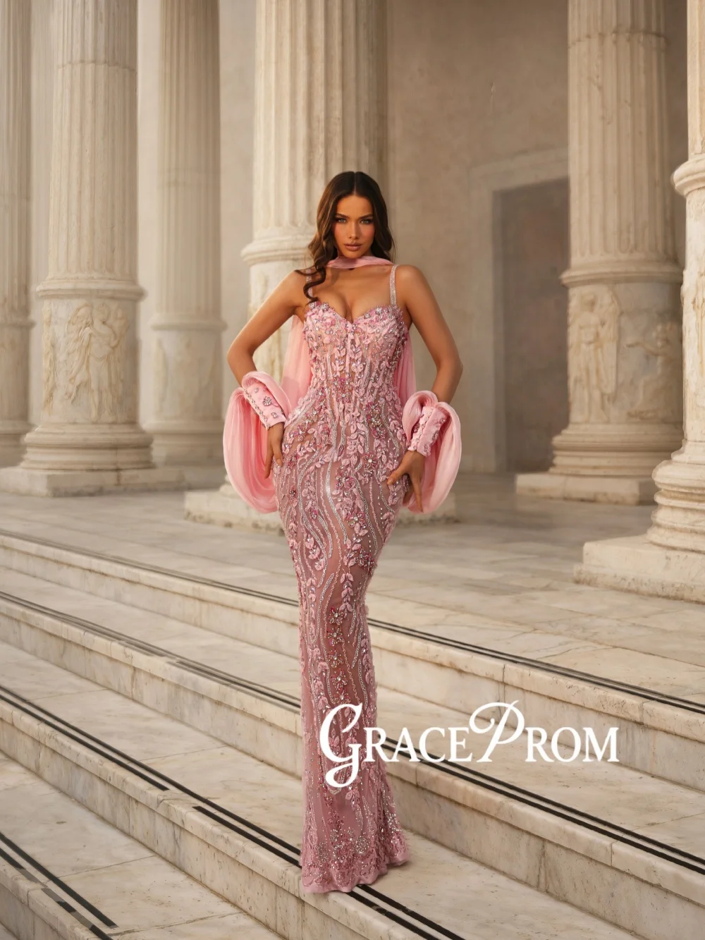 

Светло-розовое блестящее вечернее платье с бисером и шарфом, роскошное, на тонких бретелях, для свадебных торжеств, индивидуальный пошив, длинное банкетное платье с эффектом иллюзии