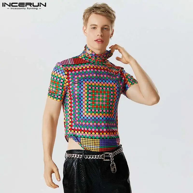 INCERUN Men Bodysuits Printing Turtleneck Short Sleeve Fashion Rompers T Shirts Men 2023 Summer Fitness Casual Bodysuit S-3XL