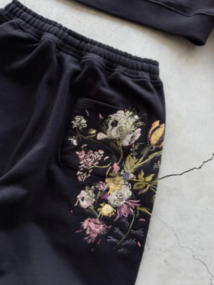 ديبتاون رمادي عتيق زهر البرقوق التطريز المرأة رجل هوديس Harajuku أسود الركض بنطال ذو قصة أرجل واسعة المتضخم الهيب هوب الشارع