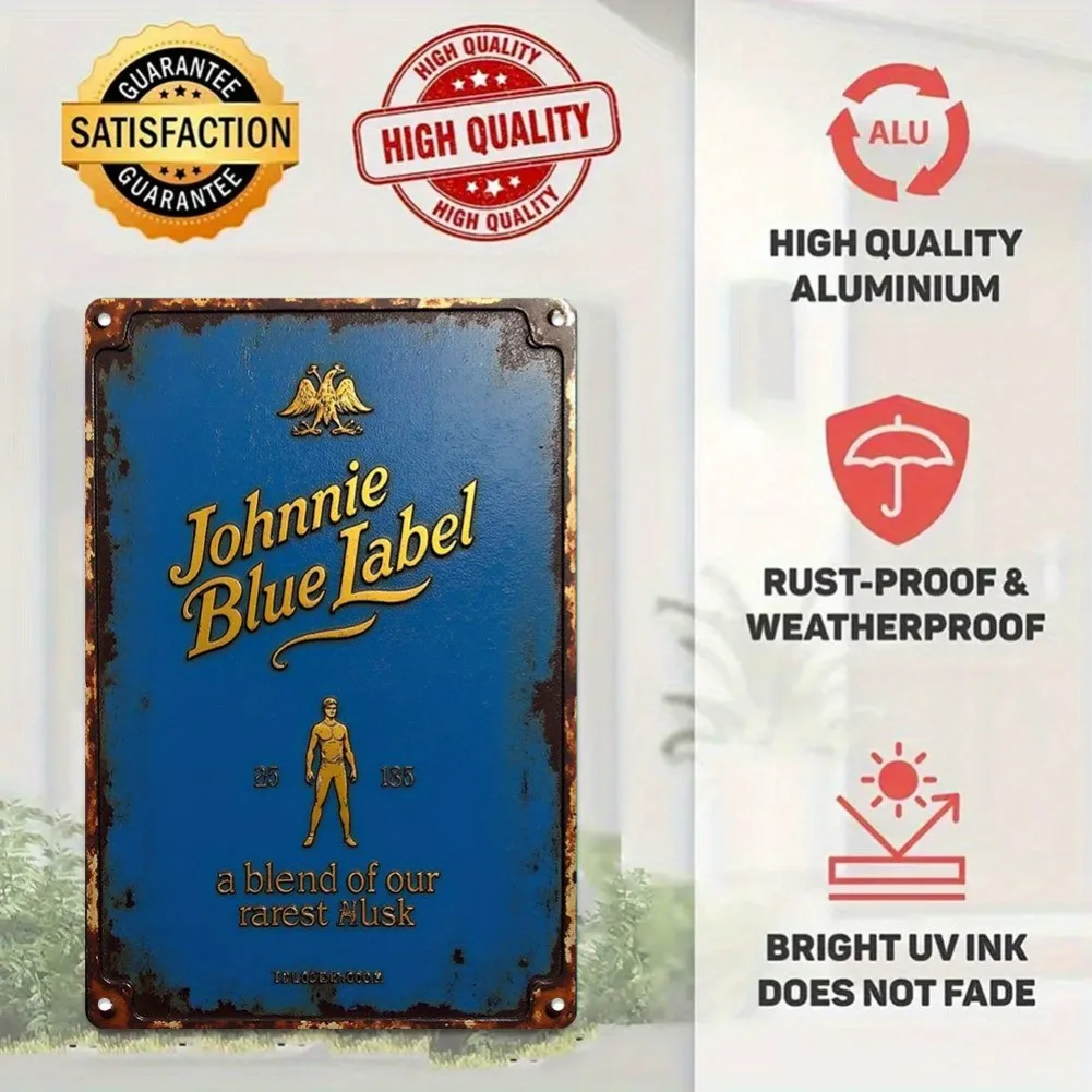 7.87 بوصة × 11.81 بوصة قطعة واحدة من لافتة معدنية مسطحة عتيقة ثنائية الأبعاد - "Johnnie Blue Label" فن الويسكي، ديكور ألومنيوم ذهبي/أزرق للدراسة/الصالة #6