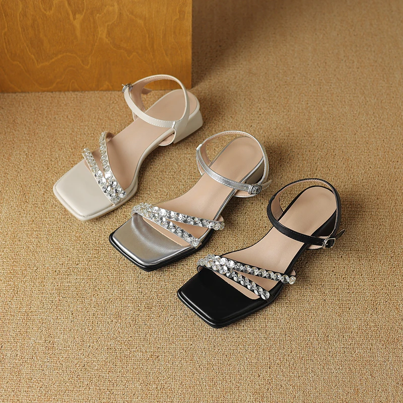 Summer comfortable square toe mid-heel thick heel rhinestone knot decorated buckle strap ladies sandals