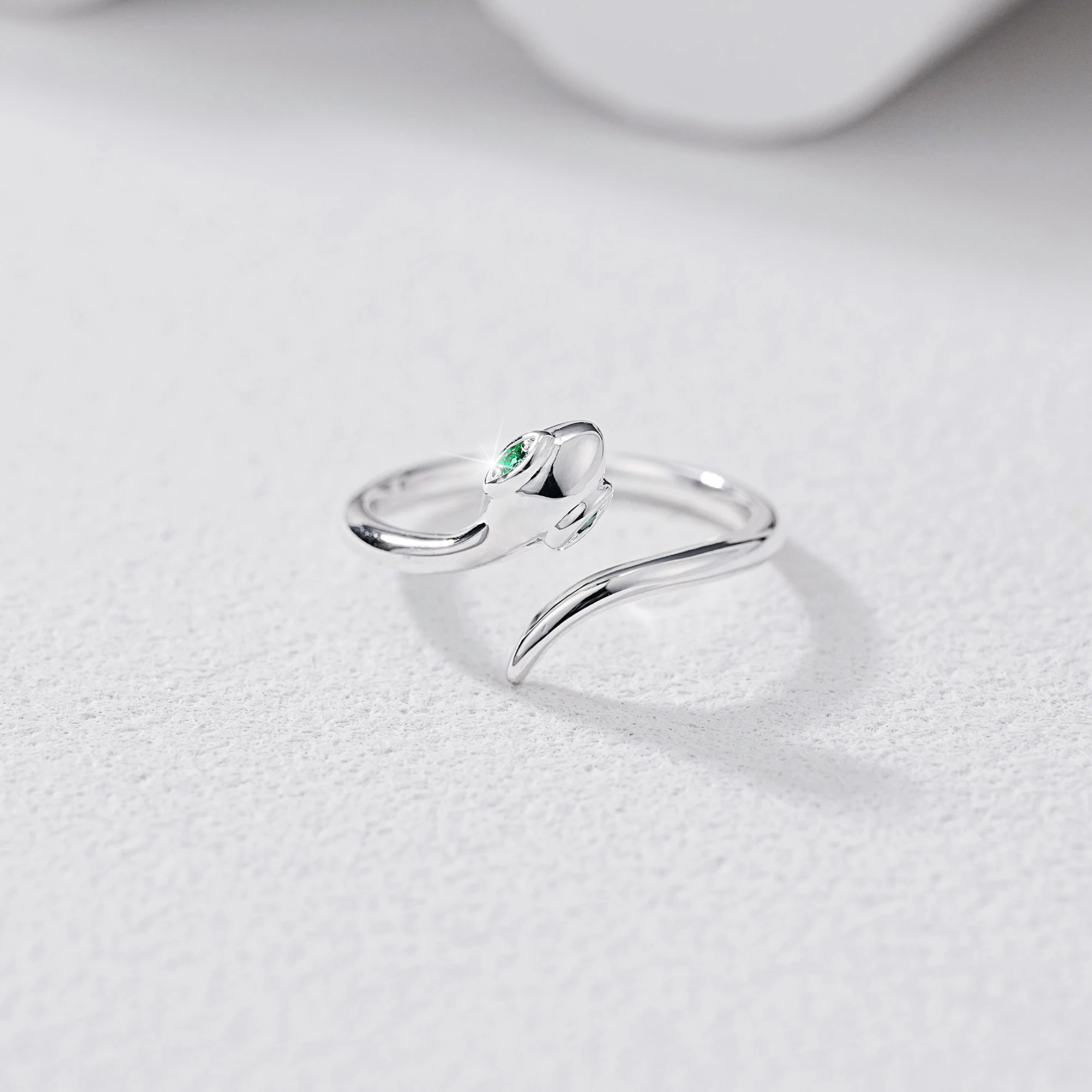 NobleMerge 925 Silver Moissanite Snake Ring White Gold Plated Open Adjustable Fine Green Oval Stone Curved Body for Wedding Ring