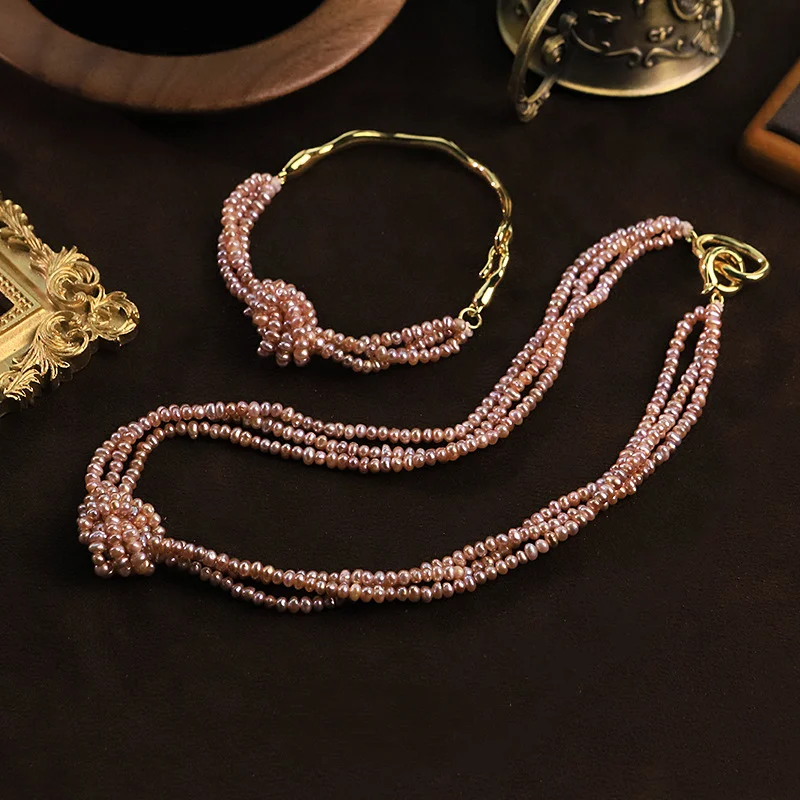 Purple Multi Layer Knotted Freshwater Pearl Necklace & Bracelet Set Elegant Jewelry for Women Beads Choker Collar Fashion Gifts