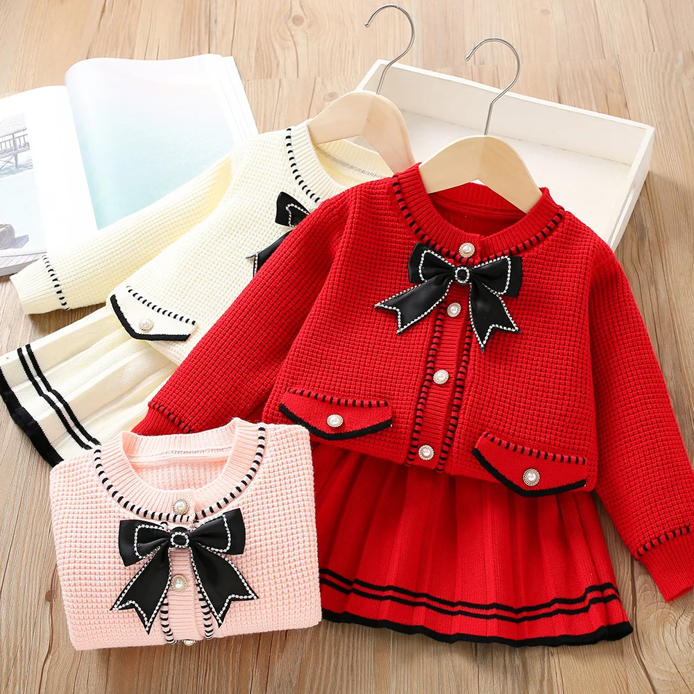 Girls Sweater Dress Set Bow Decoration Girl Knitted Skirt Children Two-piece Skirt Set Kids Autumn Dress Holiday Birthday Gifts