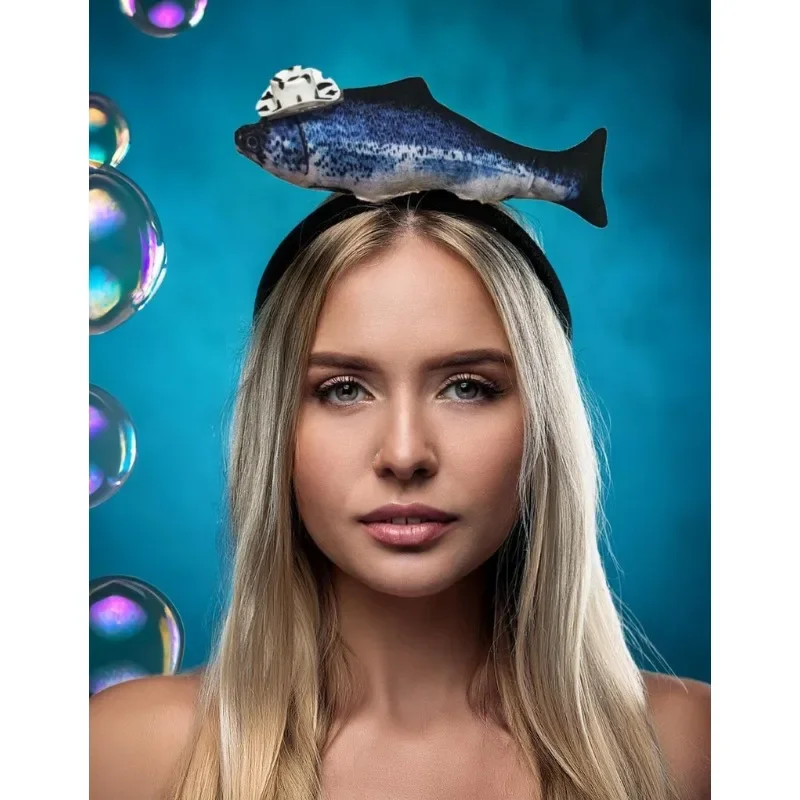 

Festival Animal Headband - Plush Toy Fish on Fluffy Hair Wrap with Cowboy Hat - Cosplay Rave Party Costume Prop for Halloween