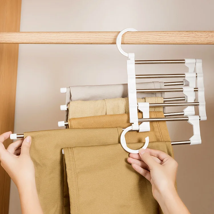 

5 in 1 Multifunction pants hanger towel Shelves storage closet Stainless Steel Wardrobe Adjustable Magic Trouser Hangers