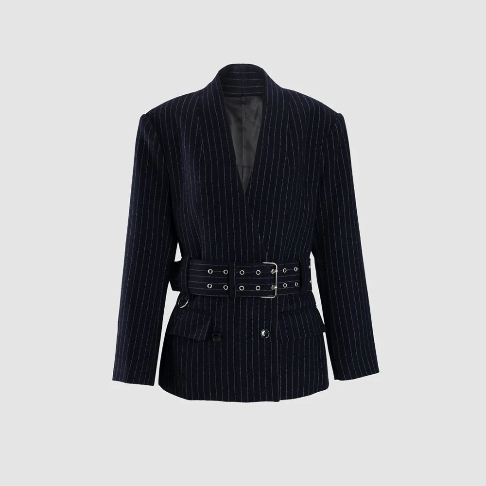 

Wool-Blend Women's Jacket Y2K Fine Stripes Elegant Commuter Oversized Jacket Top with Belt 2025 Fall/Winter New Arrival