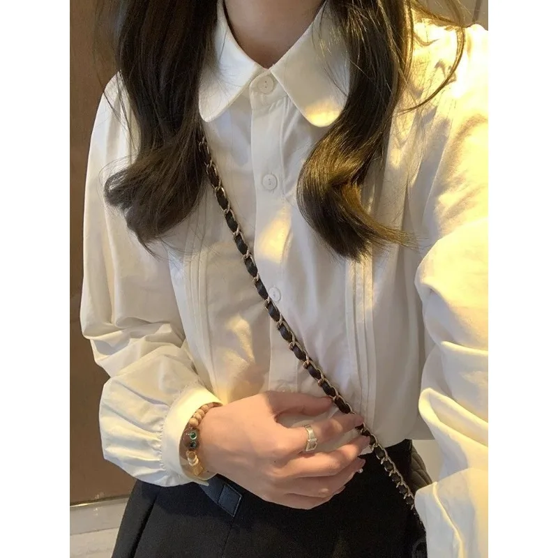 QWEEK White Kawaii Shirts Women Korean Style Pleated Blouses Peter Pan Collar Preppy Long Sleeve Basic Cute Tops Spring Fashion