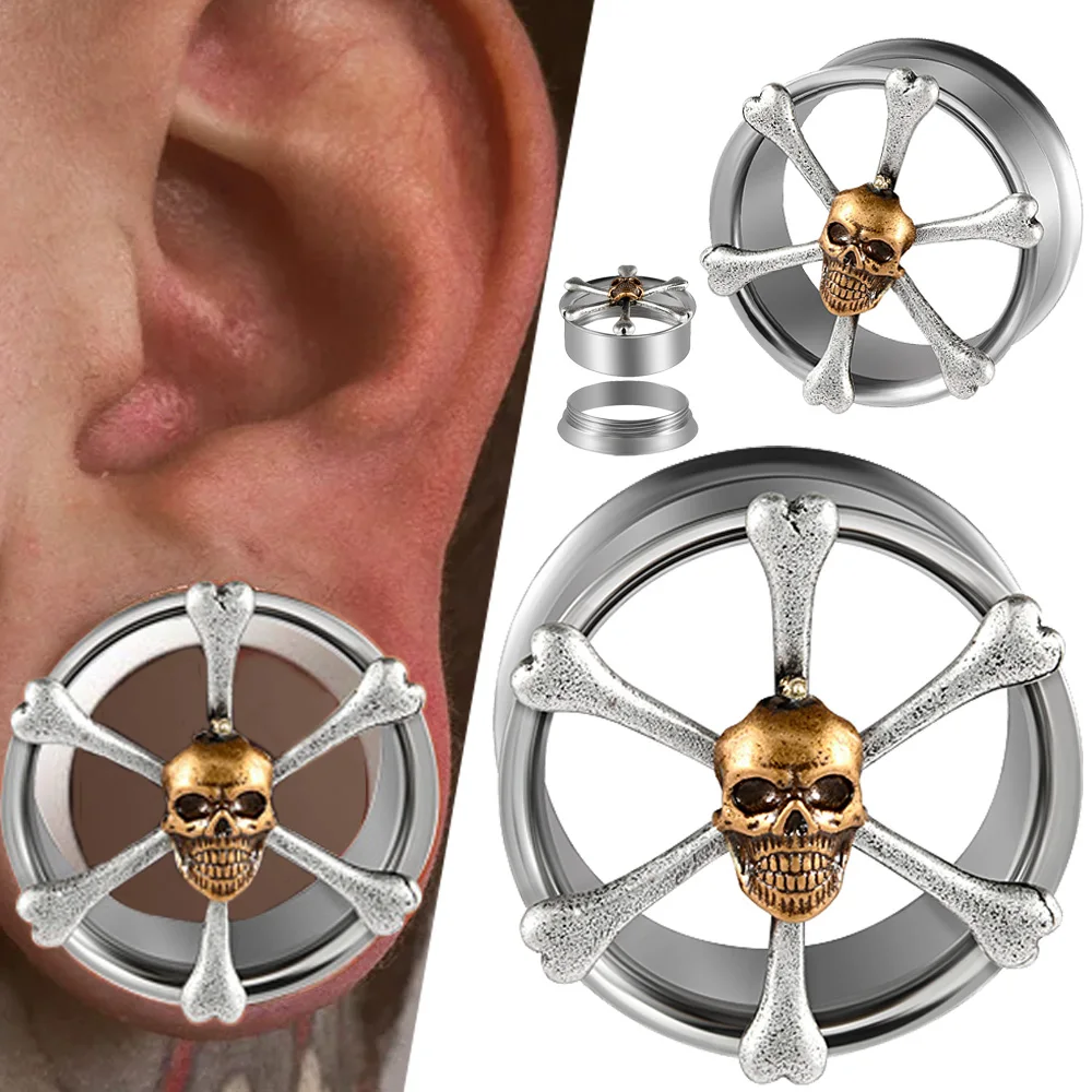 1PC Stainless Steel Skull Ear Gauges Ear Tunnel Plugs Expanders Double Flared Earrings Plugs Piercing Body Jewelry 10-25MM