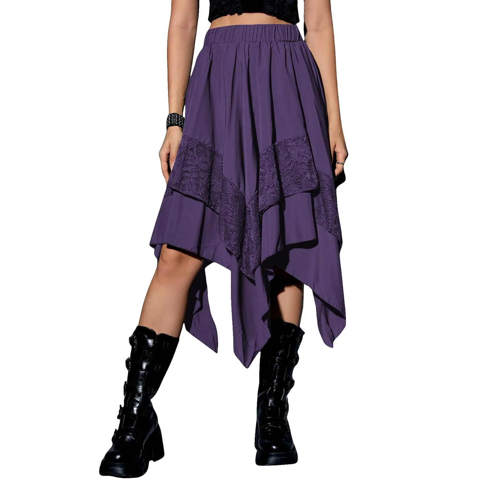 

Women's Flowy Skirt Contrast Lace Layered Asymmetrical Skirts Solid Color No Decoration Skirt Fashion Midi Length Costume Skirt
