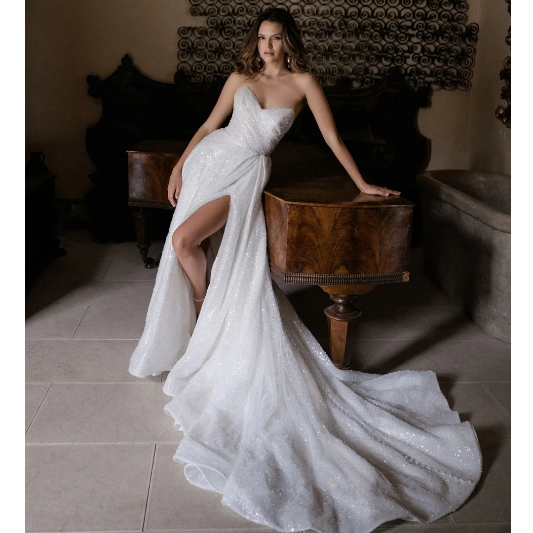 Glänzende glitzernde Brautkleider mit Schlitz 2025, Vestido de Novia, elegantes Hochzeitskleid, Empfangskleid, Vestidos, individuell gestaltet