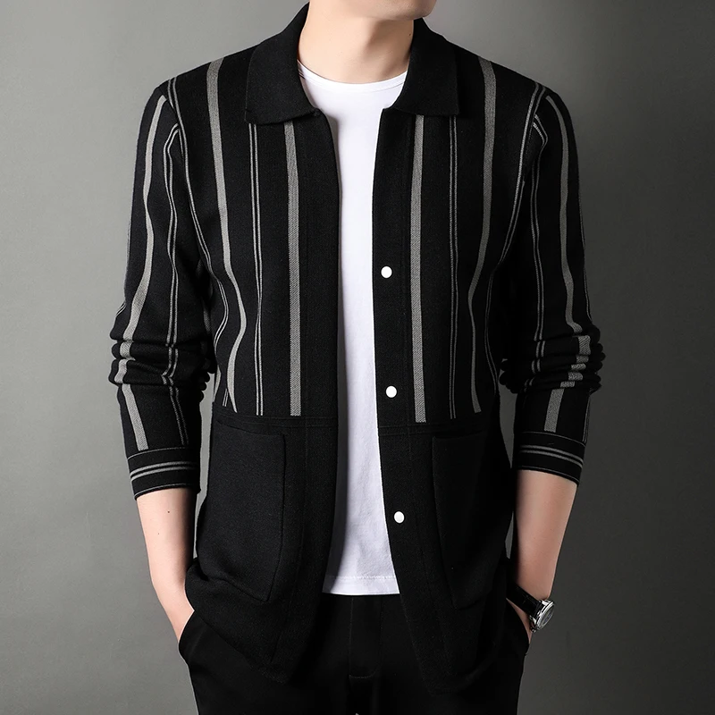 التصميم الأصلي جودة الرجال سترة مشغولة من الصوف جيب مخطط طباعة التلبيب معطف طويل الأكمام الخريف تنوعا ملابس رجالية غير رسمية