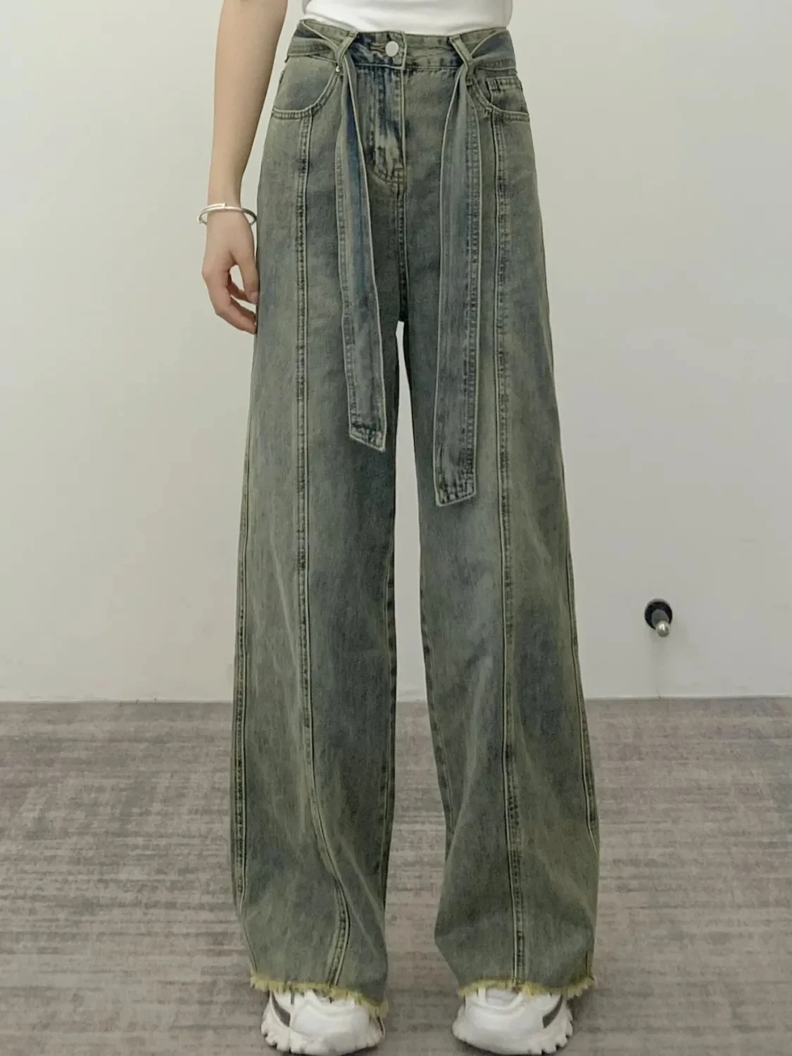 

Jeans Women Spring Autumn 2023 New Large Size Vintage Washed Raw Edge Trousers Fashion Casual High Waist Wide Leg Pants Womens