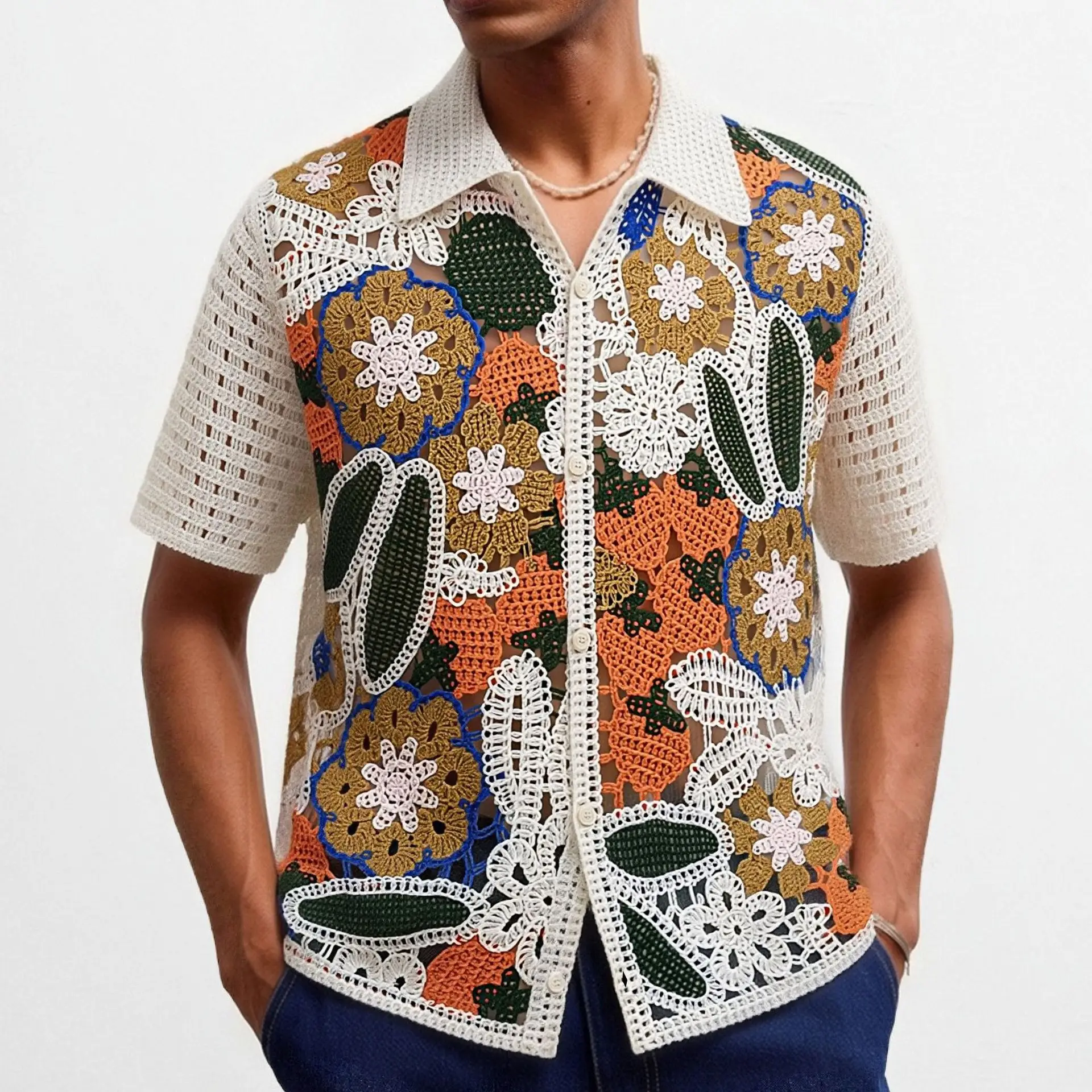 Men's Handmade Crochet Hollow Short-sleeved Knitted Cardigan Ethnic Style Jacquard Casual POLO Shirt Men's